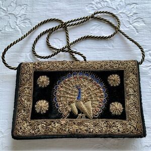 Vintage Zardozi Embroidered Velvet Purse Clutch Peacock